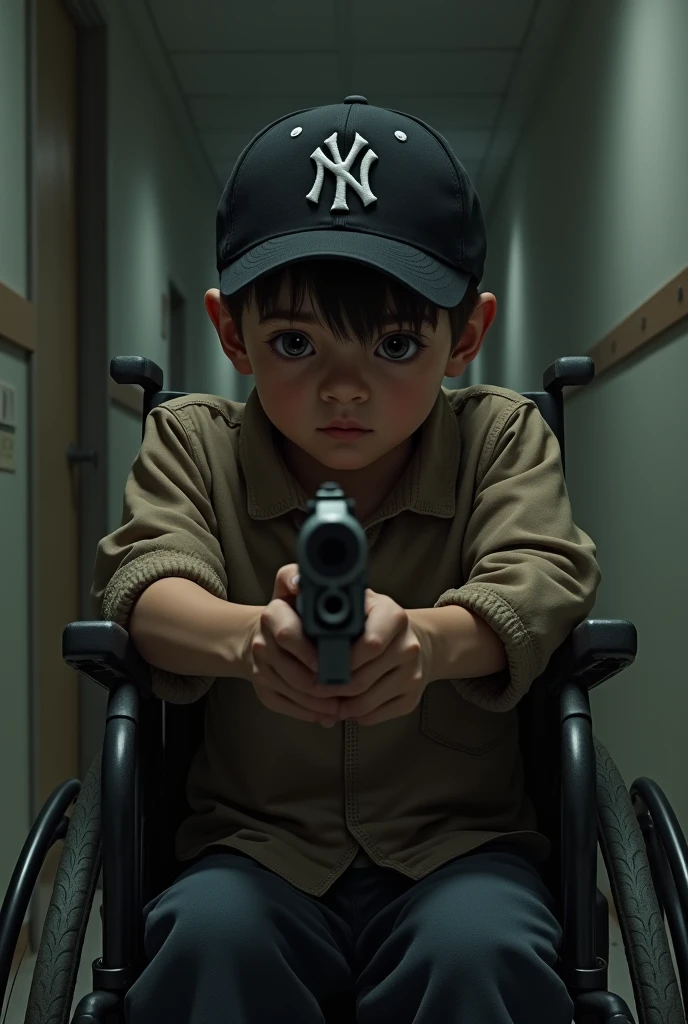 A boy with gun in his hands sitting in wheelchair wearing a black cap