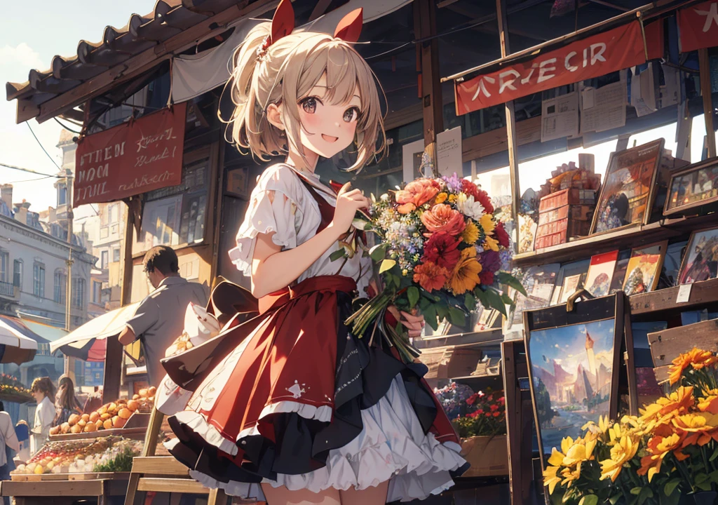 Realistic photos, Focus distance 10mm, Red and white, Beautiful girl, Realistic photos, Shooting at focus distance 10mm, masterpiece, 最high quality, high quality, Very detailed CG 8k wallpaper unit, Award-winning photography, Depth of written boundary, High resolution, bloom, chromatic aberration, Realistic, Very detailed, Art Station Trends, CGsociety Trends, Complex, High detail, dramatic, Art on the go, volumetric lighting, A young girl holds a bouquet of flowers amidst rows of colorful fruit and fresh flowers in a bustling Disney-style French market, smiling as she enjoys the scent of the flowers, with Disney-style painted old stone buildings in the background