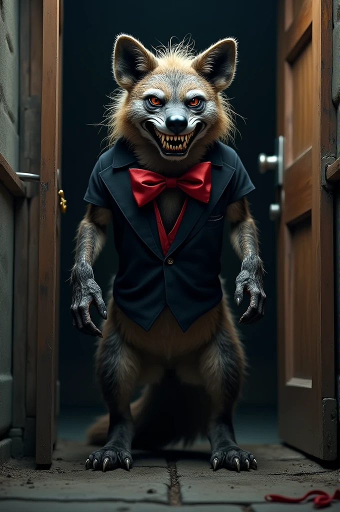 a grinning hyena wearing a black durag and bright red bow tie with rough tangled fur at a doorstep, nightmare