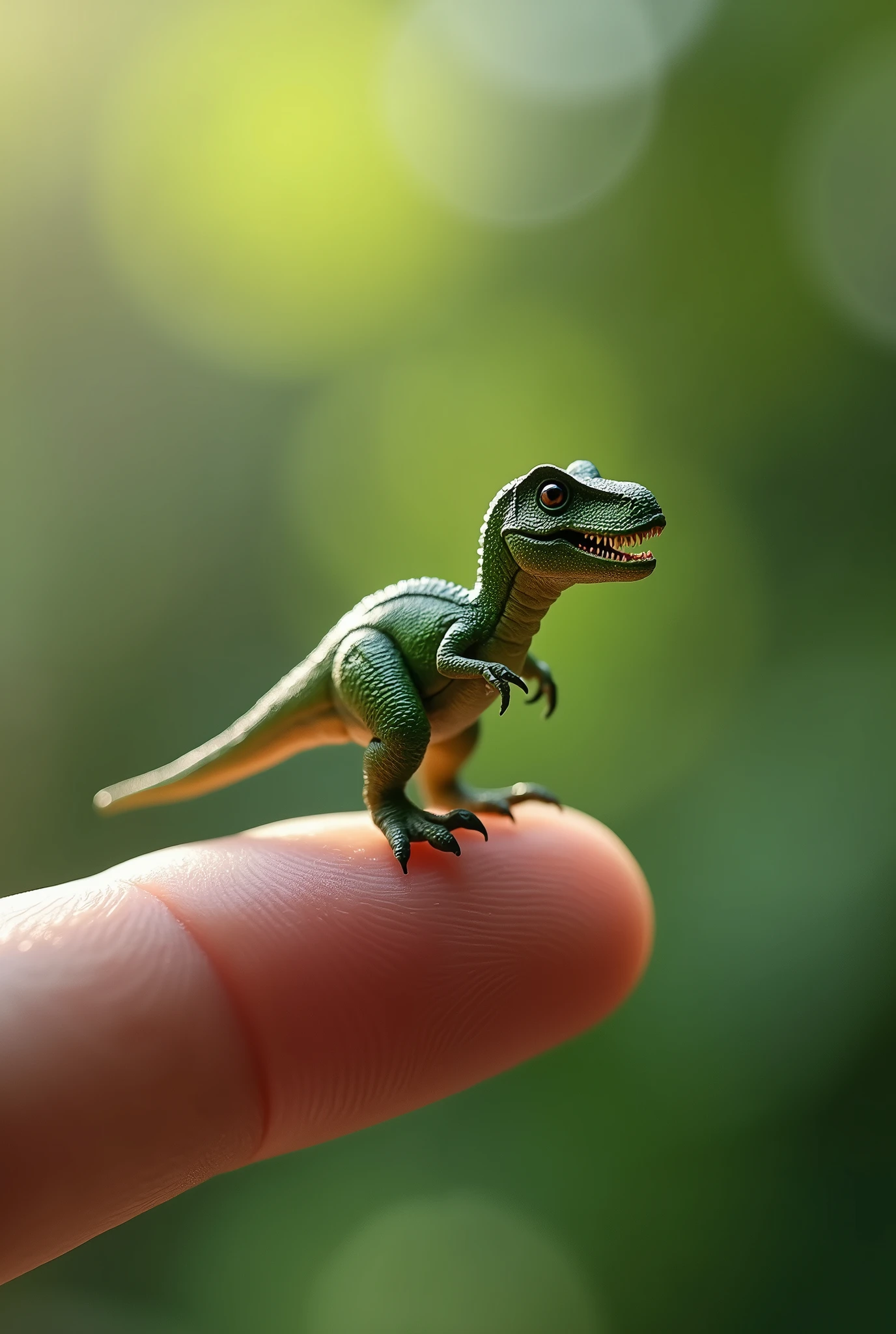 Photorealistic, 34k, A micro t-rex perched on a human finger