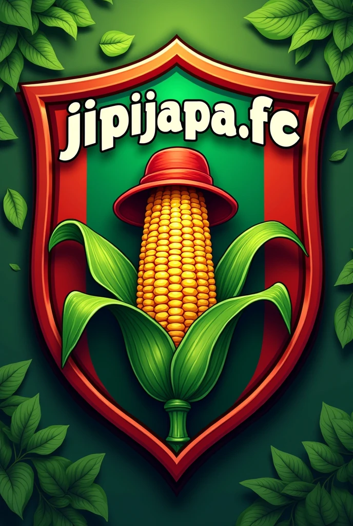 Soccer shield with green and red colors, with the word JIPIJAPA.FC and that has a corn with a hat inside the shield 
