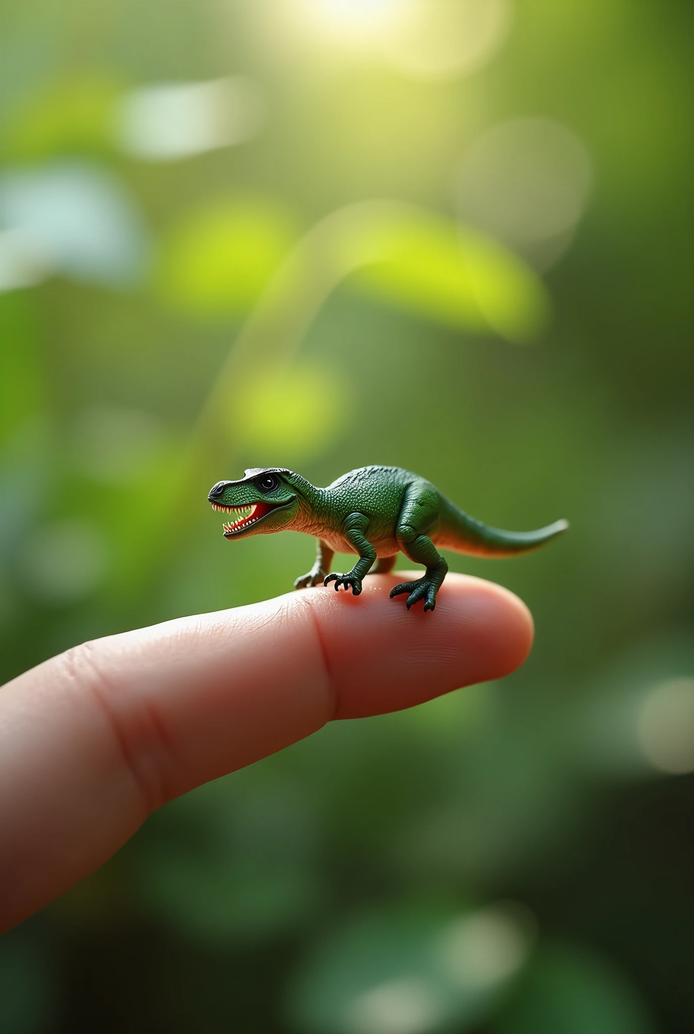 Photorealistic, 34k, A micro t-rex perched on a human finger
