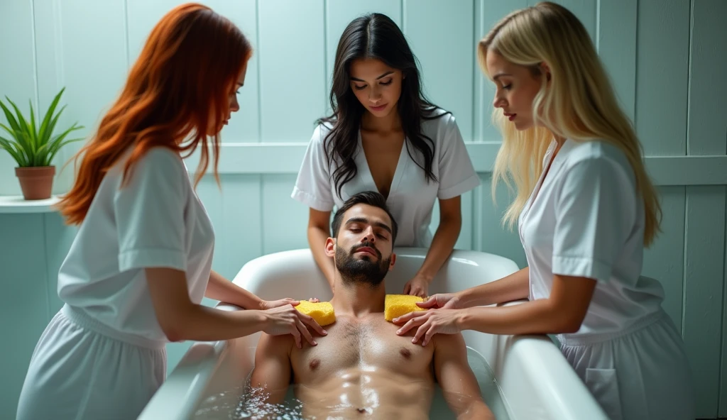 ultra realistic, photography, three girls: one with long straight red hair, (24 years old, hourglass figure, perfect body, natural medium breasts), the second one: long black straight hair, (30 years old, tanned skin, hourglass figure, perfect fit body, natural big breasts), the third one with long straight blonde hair, (wavy elegant hair, blue eyes, perfect round lips, 22 years old, gorgeous face, voluptuous figure, perfect fit body, big enhanced breasts), they are wearing sexy nurse outfits with great cleavage, perfect round cleavage,, they have perfect round cleavage, great cleavage, they are sexy nurses in a hospital, they are bathing a handsome man, he is 30 years old with brown short hair, he is naked in the bathtub filled with warm water, they are standing outside of the bathtub and cleaning his torso with a wet yellow sponge, he has his eyes closed and lips slightly parted