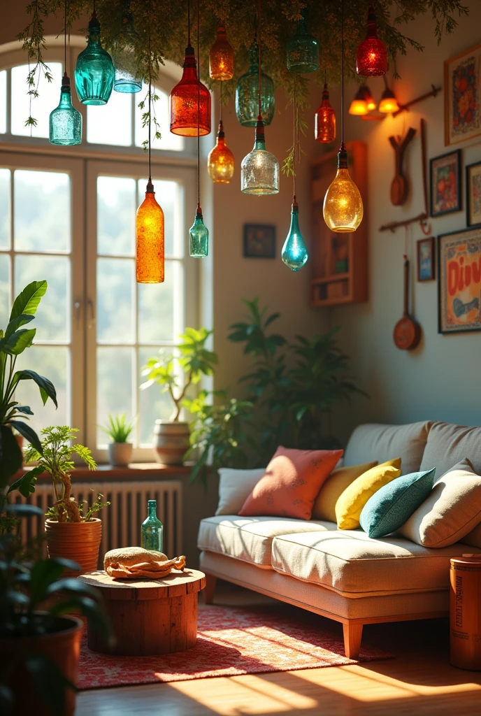 Home decorations made from plastic water bottles in a room of a house