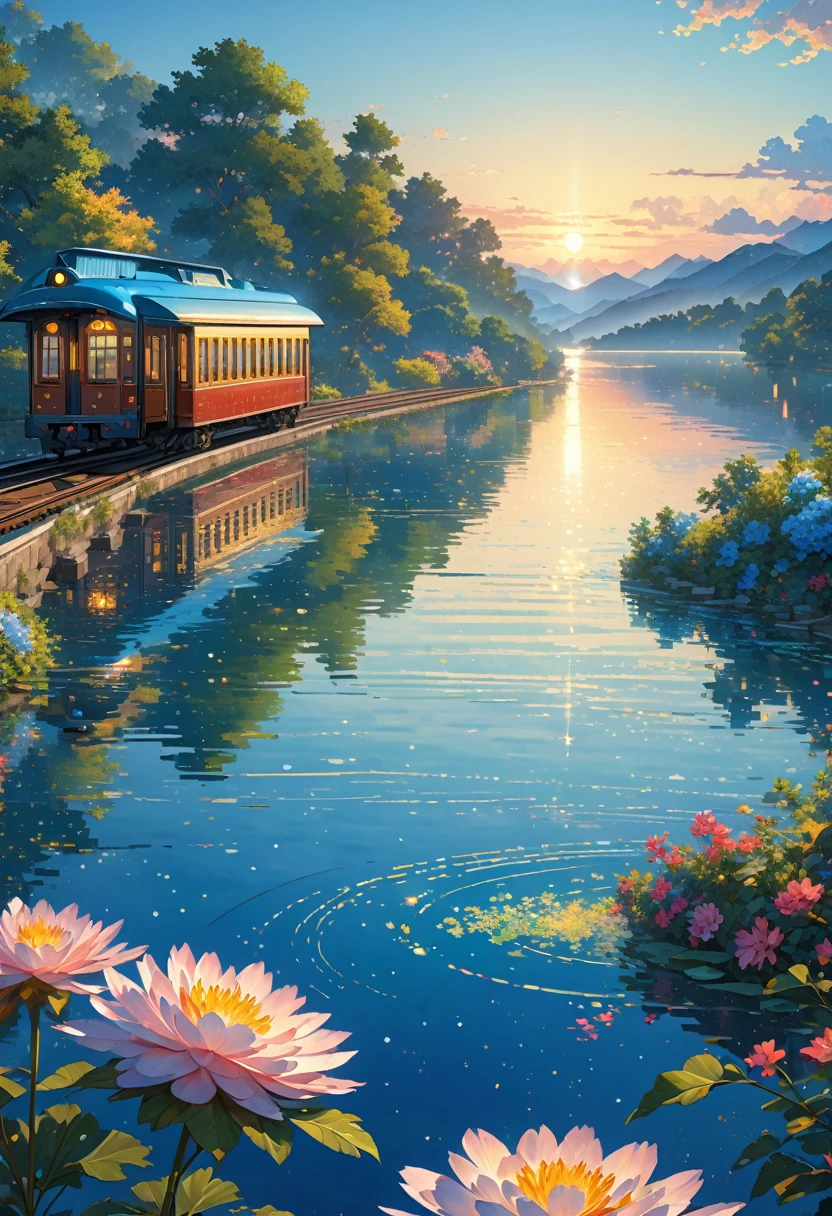 score_9, score_8_upper, score_7_upper,(((Train running on water))),Large Lake,beautiful水面,(((Side Angle))),Angle from afar,Stations on the water,Lake as far as the eye can see,(((blue))),summer,horizontal line,Morning Glow,Starry Sky,(masterpiece, Highest quality, Highest quality, Official Art, beautifull, beautiful:1.2,Ray Tracing),Very detailed,Blue tones,Very detailed, (Fractal Art:1.3),  Most detailed, High resolution, Impressive visuals, Detailed Images