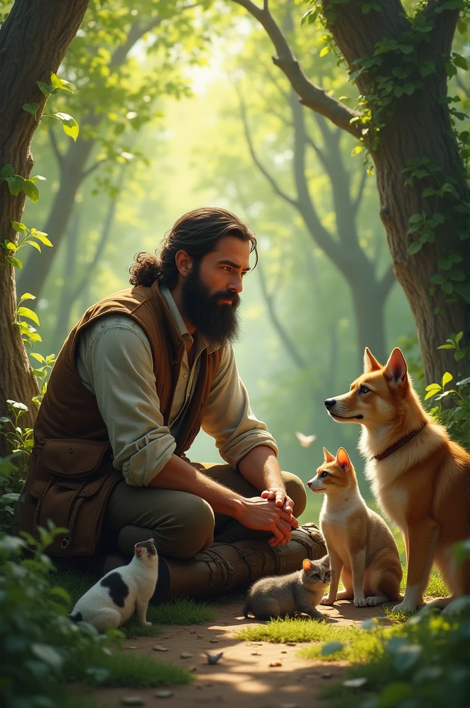 A handsome man with a beard sits and talks with dogs, cats, birds, and mice in the forest.