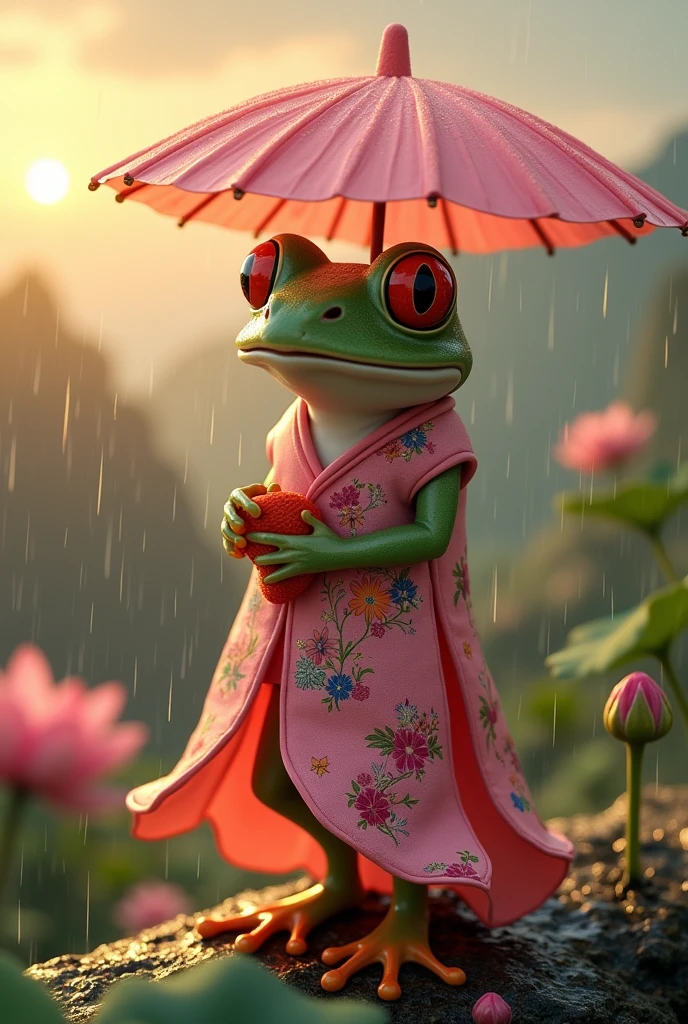 Tree frog，She is wearing a gorgeous pink Chinese dress with a floral pattern.，Sleeping on a tree，Ultra-realistic，high resolution，Standing with a lotus leaf umbrella，It is raining in the background，The background is the hilltop at sunset，
