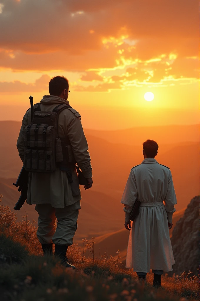 A man made soldier with a bible in his hand, next to a man in a white tunic in the middle of a valley facing a sunset 