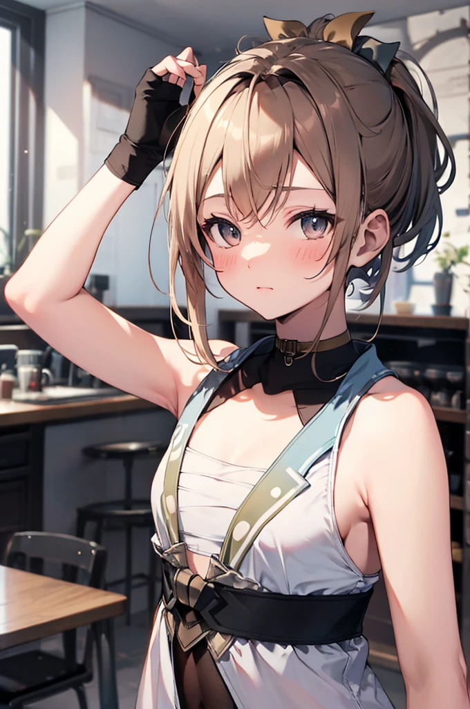 、Upper Body, One person, (Ninja), Raise your arms、Flat Chest, blush, Exposing shoulders, wallpaper, Tank top,