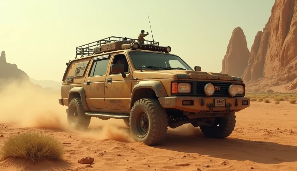 Cyberpunk ISUZU vintage armored wagon、Shallow depth of field、(masterpiece:1.3) (最high quality:1.2) (high quality:1.1)、Cinematic Light, ((Cinema Lighting),(Natural light),(High level of artistry),(artistic),(Indistinguishable quality from the real thing),RAW Photos,Genuine,Genuine,High resolution,RAW Photos,masterpiece, beautiful,Wide-angle action shots, Post-apocalyptic, desert