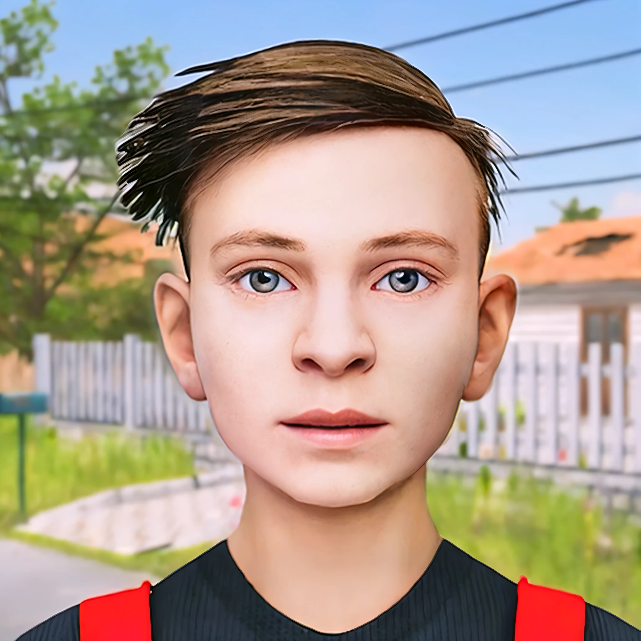 there is a young boy with a red suspender and a black shirt, hyperrealistic , creepy uncanny valley, extremely realistic face, human realistic face, realistic person, 3 d demo reel avatar, realistic human face, realistic face and body hybrid, single realistic face, accurate detailed face, 3d character realistic, detailed realistic face, ultra realistic face, realistic detailed face
