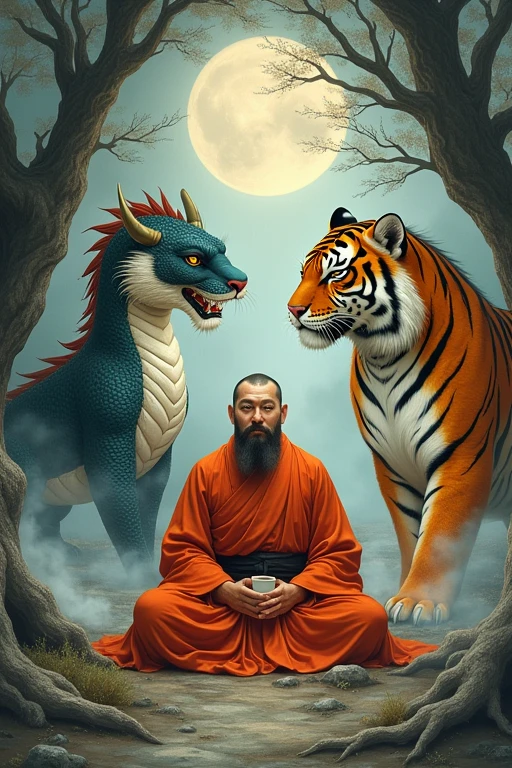 Dragon, Tiger, and Bodhidharma: Make the center happy and the others scared. Put some sake in the center.