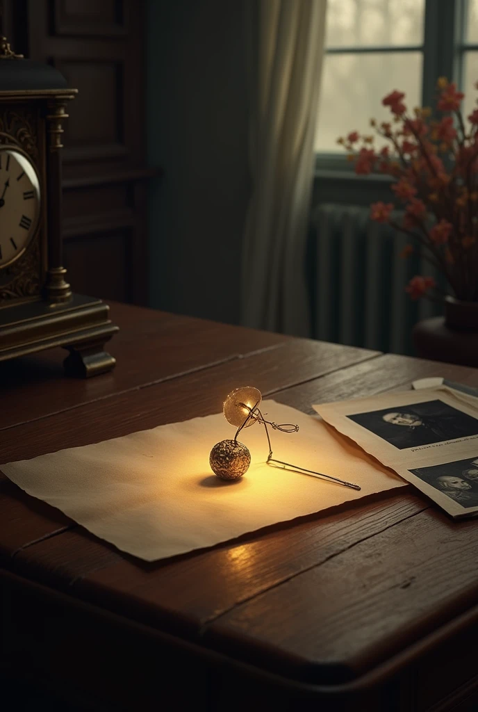 bottom: An old wooden table, Noble and time-worn appearance. The table has a polished surface that reflects a soft golden light., suggesting a quiet and melancholic afternoon.
In the middle: A small metal pin, delicately placed on the table. The pin has a simple yet elegant design, with a head that shines with a faint glow. The light that illuminates it seems to focus on it, giving it a special aura.
Additional Elements Photograph or Letter: On one side of the pin, You can see an old black and white photograph or a slightly crumpled letter. The photo shows a couple in a happy moment, while the letter has words in italics, evoking a past love.
Narrator's Face: In a corner of the image, You can see a shadow or silhouette of the narrator, looking at the pin with a nostalgic and melancholic expression. This figure could be semi-translucent, symbolizing the emotional and temporal distance that exists between the narrator and the memory.
Environment details: En el bottom, There may be subtle details that suggest the time or place where the story took place., like an old clock, a vase with dried flowers, or an open book. These elements add depth and context to the scene..
Colors and lights: The color palette is soft and warm, With golden hues, Browns and greys that convey a feeling of nostalgia. The light is soft, creating delicate shadows that add a touch of melancholy to the image.