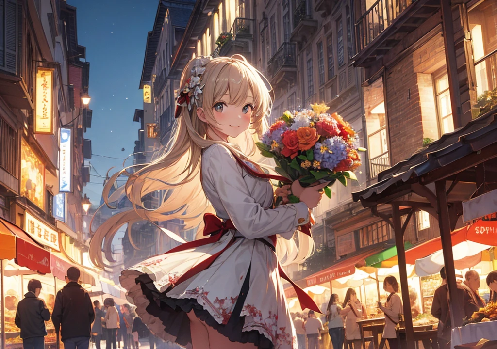Realistic photos, Focus distance 10mm, Red and white, Beautiful girl, Realistic photos, Shooting at focus distance 10mm, masterpiece, 最high quality, high quality, Very detailed CG 8k wallpaper unit, Award-winning photography, Depth of written boundary, High resolution, bloom, chromatic aberration, Realistic, Very detailed, Art Station Trends, CGsociety Trends, Complex, High detail, dramatic, Art on the go, volumetric lighting, A young girl holds a bouquet of flowers amidst rows of colorful fruit and fresh flowers in a bustling Disney-style French market, smiling as she enjoys the scent of the flowers, with Disney-style painted old stone buildings in the background
