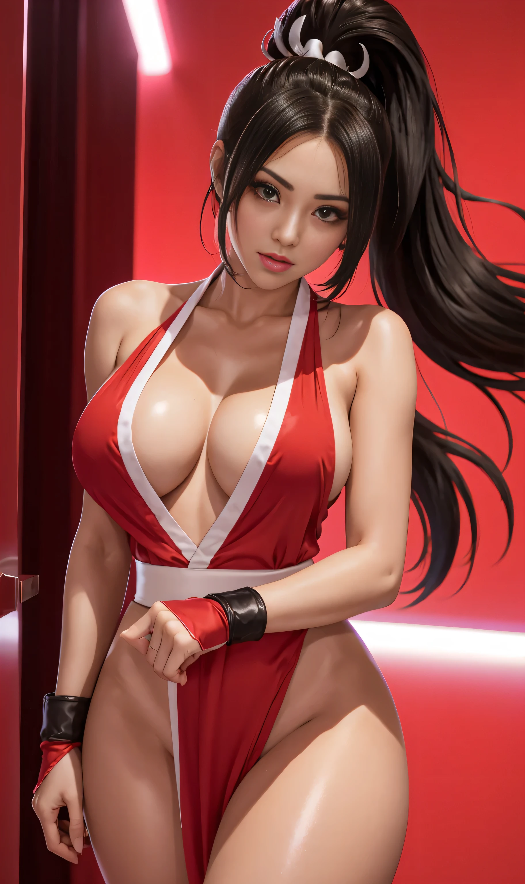 Mai Shiranui Super Thick Breasts、black hair with ponytail、、8k, 4k, Of the highest quality, High resolution: 1.2),flicker、an exposed breast, and exposed vagina cute anime face、pink blush on the cheeks.、noise removal,very close to the screen. (((her perfect body))) Red dress with white and head to toe view and attached to the screen neon colored background 