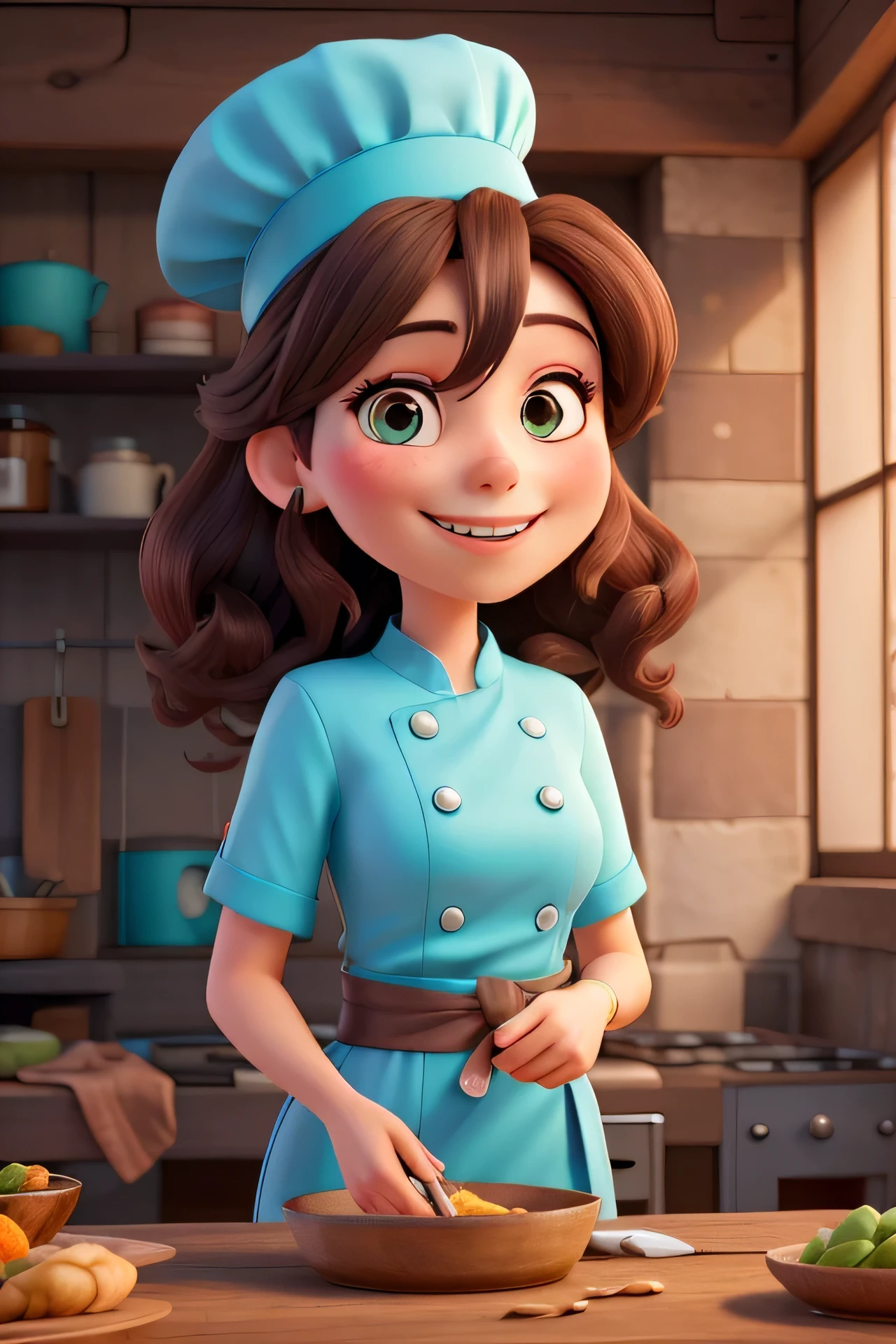 beautiful woman, with long brown hair, with brown eyes, smiling, with a kind look, dressed in a pastel turquoise Japanese-cut high-neck chef's suit, wearing a pastel turquoise chef hat on his head, holding a hand mixer, stop in front of cakes, Cupcakes and baking utensils on a table.