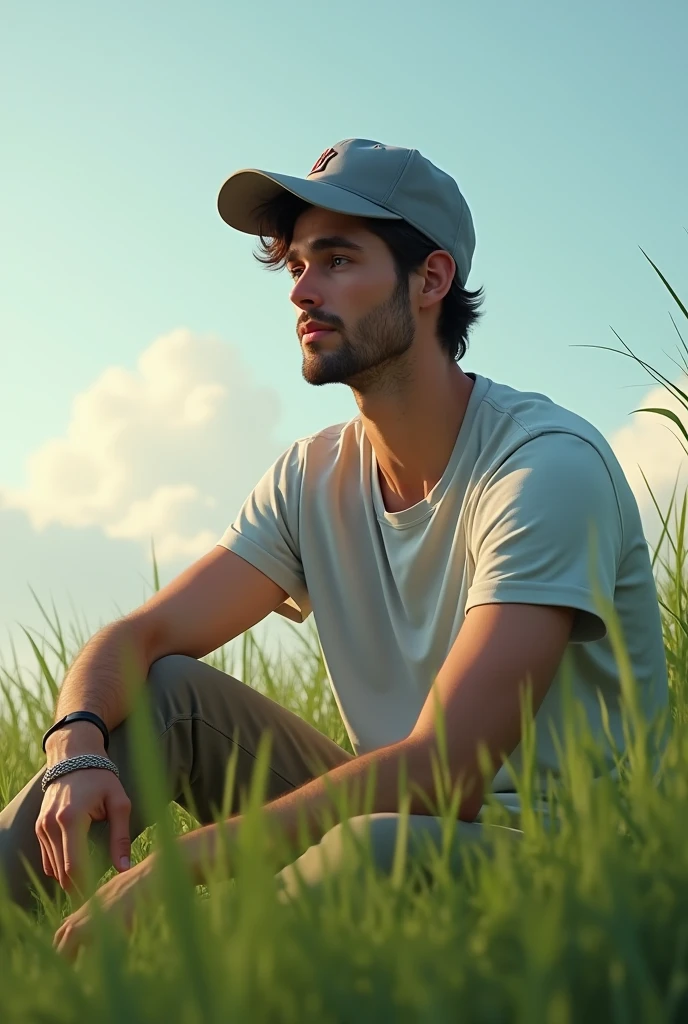 A 22 years old man wearing a grey baseball cap sitting on the grass
