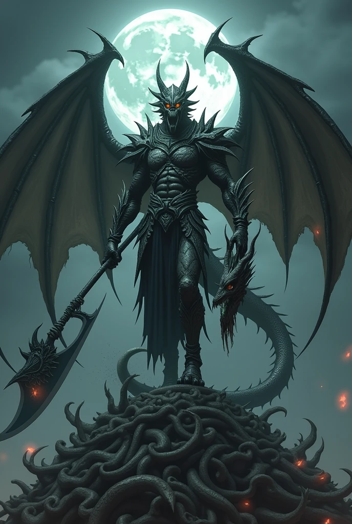 Strong humanoid zombie dragon with armor and vampire fangs on a pile of bones and a scythe in his right arm with a full moon background and a frightening aura and in the other hand the head of another dragon with bandages on his eyes