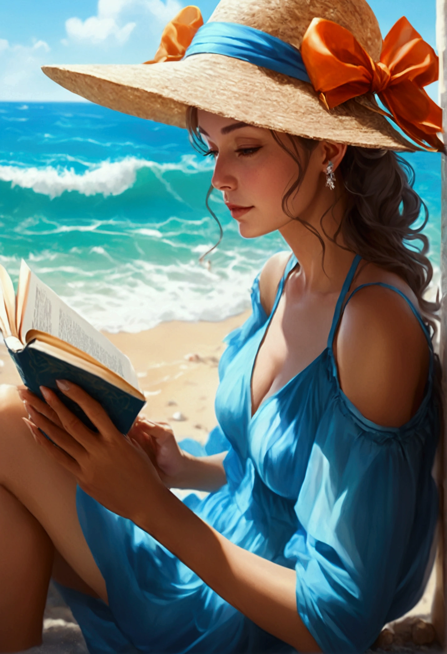 a picture of a mature woman reading a book on the beach during summer vacation, a beautiful mature woman, dynamic hair color, dynamic hair style, dynamic skin complexion, reading a book at the beach, wearing light dress, beach at summer time, sunny day, fantasy beach background,  a sense of relaxion, a sense of bliss, calm atmosphere,  , high details, best quality, 16k, [ultra detailed], masterpiece, best quality, (extremely detailed), dynamic angle, ultra wide shot, photorealistic, ((fantasy art)) ultra best realistic, best details, best quality, 16k, [ultra detailed], masterpiece, best quality, (extremely detailed), photorealism, depth of field, hyper realistic