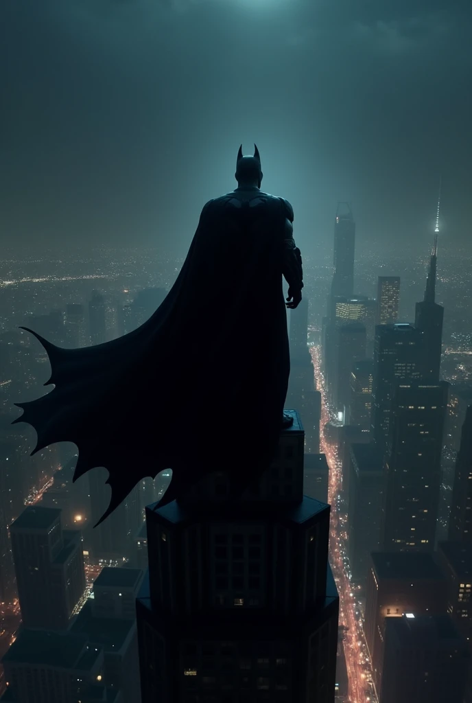 Batman on top of the building at midnight watching the city skyline. Back shot, dark sky, awesome picture