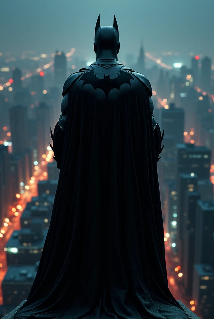 Batman on top of the building at midnight watching the city skyline. Back shot, dark sky, awesome picture