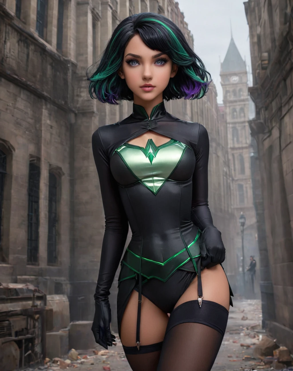 The daughter of Severus Snape, Character ,11 year old girl, green eyes , black hair ,On the DC universe, the almighty hero girl (black and purple hair) its ready to fight on apocalyps, during the justice league war. her suit is elegance, white shirt, black skirt, black pantyhose and heels. Almighty . Wears pistols to fight and defeat the darkseid parademons. Solo. Infernal night, apocalypse world, fire around
