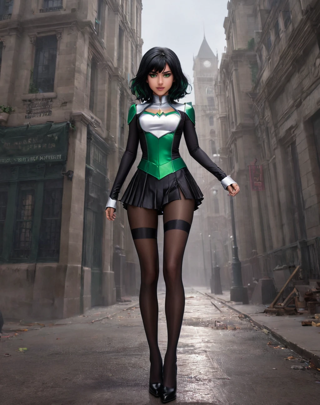 The daughter of Severus Snape, Character , girl, green eyes , black hair ,On the DC universe, the almighty hero girl (black and purple hair) its ready to fight on apocalyps, during the justice league war. her suit is elegance, white shirt, black skirt, black pantyhose and heels. Almighty . Wears pistols to fight and defeat the darkseid parademons. Solo. Infernal night, apocalypse world, fire around
