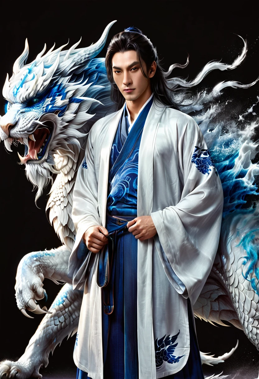best quality,masterpiece,Ultra-high resolution,photoactual:4:0,Yamagishi,white dragon tiger beast,Teacher spirit,Handsome and handsome,oriental man,long hair shawl,Perfect body,Wearing dragon and tiger jersey,