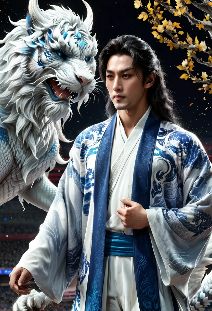 best quality,masterpiece,Ultra-high resolution,photoactual:4:0,Yamagishi,white dragon tiger beast,Teacher spirit,Handsome and handsome,oriental man,long hair shawl,Perfect body,Wearing dragon and tiger jersey,