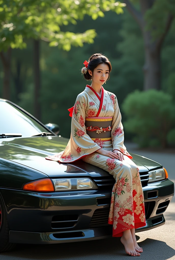 Nissan skyline r32 with a japanese girl wearing culture dress sitting on the bonnet side view