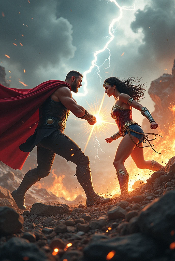 Cosmic Collision: As Thor and Wonder Woman engage in a fierce duel, their powers cause cataclysmic changes to the landscape. Mountains crumble and rivers flood as their weapons clash. Illustrate the devastation and their relentless struggle.