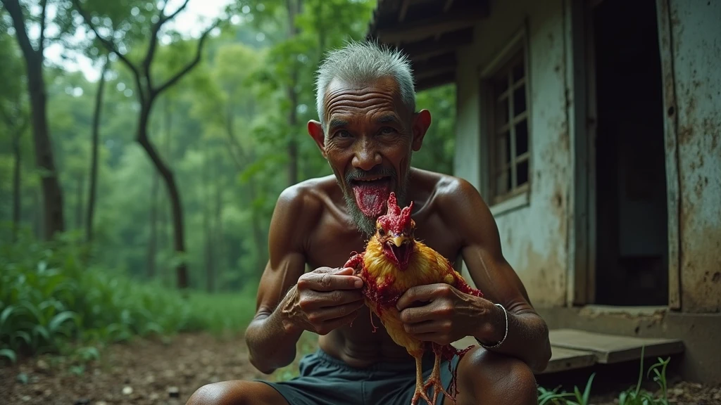 An Thai older man is sitting eat the chicken in the man's mouth is blood He’s Sitting next to an old house inside the forest. view from another man from behind him. 8k