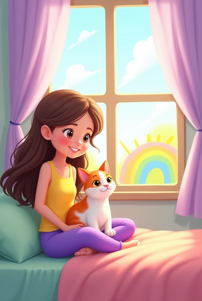 A young girl with long brown hair sits on a bed, wearing a yellow tank top and purple leggings, smiling as she looks out of a window adorned with a colorful rainbow and sun design. Beside her, a white and orange cat sits attentively, both gazing outside into a bright, sunny day. The room has light purple curtains, and the bed is covered with a mint green sheet and a pink blanket, adding to the cheerful atmosphere