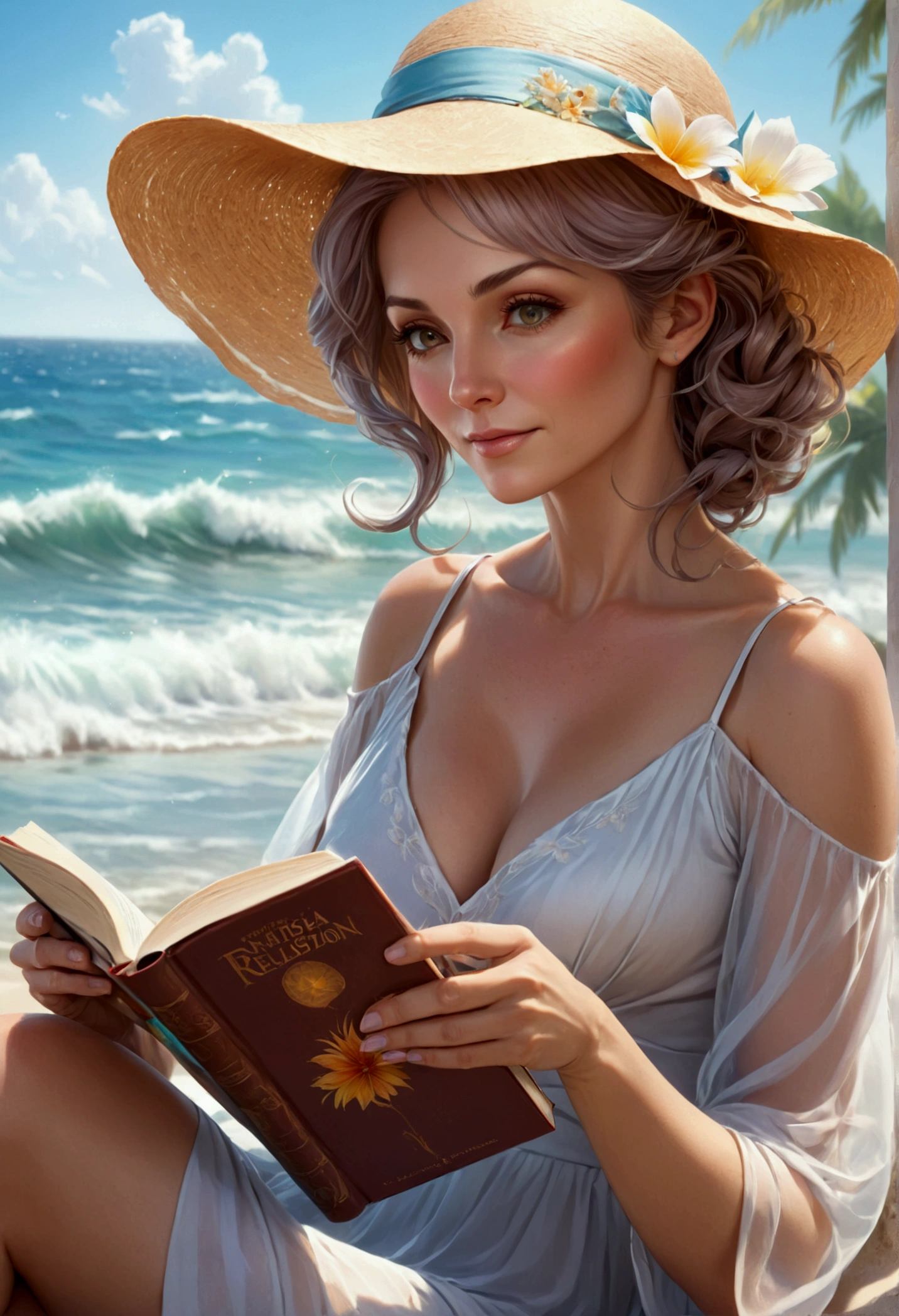 a picture of a mature woman reading a book on the beach during summer vacation, a beautiful mature woman, dynamic hair color, dynamic hair style, dynamic skin complexion, reading a book at the beach, wearing light dress, beach at summer time, sunny day, fantasy beach background,  a sense of relaxion, a sense of bliss, calm atmosphere,  , high details, best quality, 16k, [ultra detailed], masterpiece, best quality, (extremely detailed), dynamic angle, ultra wide shot, photorealistic, ((fantasy art)) ultra best realistic, best details, best quality, 16k, [ultra detailed], masterpiece, best quality, (extremely detailed), photorealism, depth of field, hyper realistic