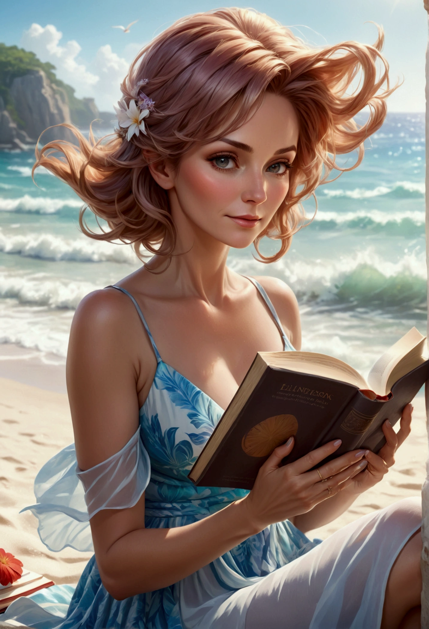 blond, 1girl, anxious, reading the bible, upper body, bikini, smiling, , realistic, beach