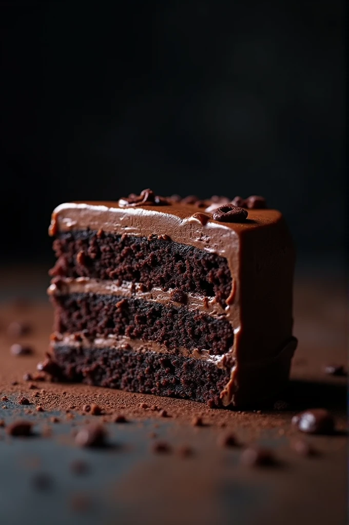 cinematic film still chocolate, chocolate cake, dark background, quality photo, moist texture, frosting, studio photo, slice . shallow depth of field, vignette, highly detailed, high budget, bokeh, cinemascope, moody, epic, gorgeous, film grain, grainy