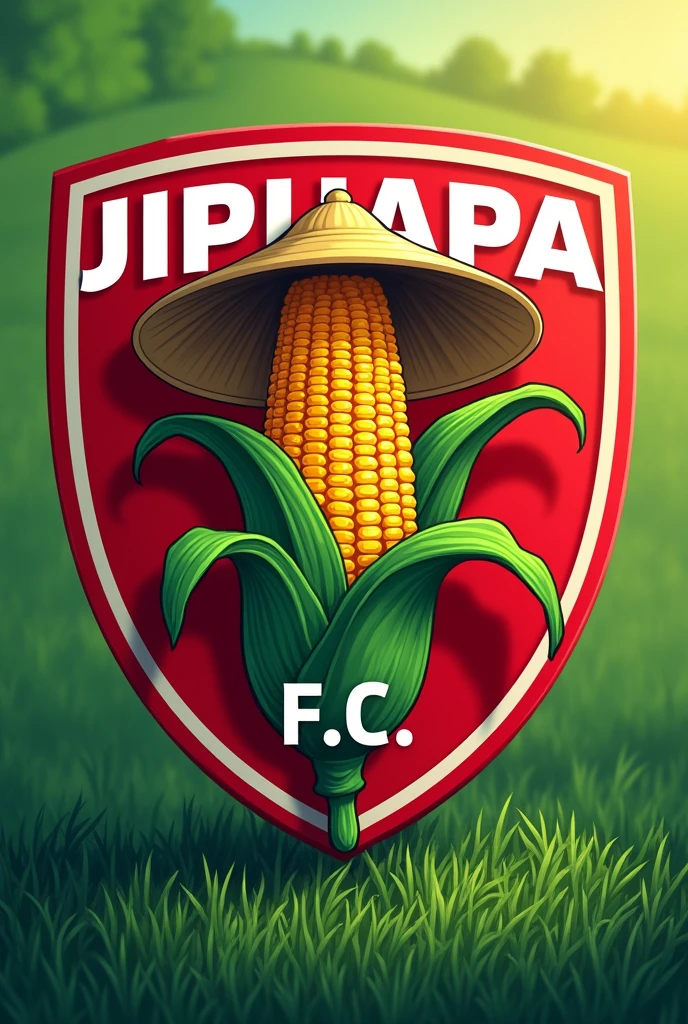 Soccer shield with green and red colors, with the word JIPIJAPA F.C and have a corncob with a hat inside the shield