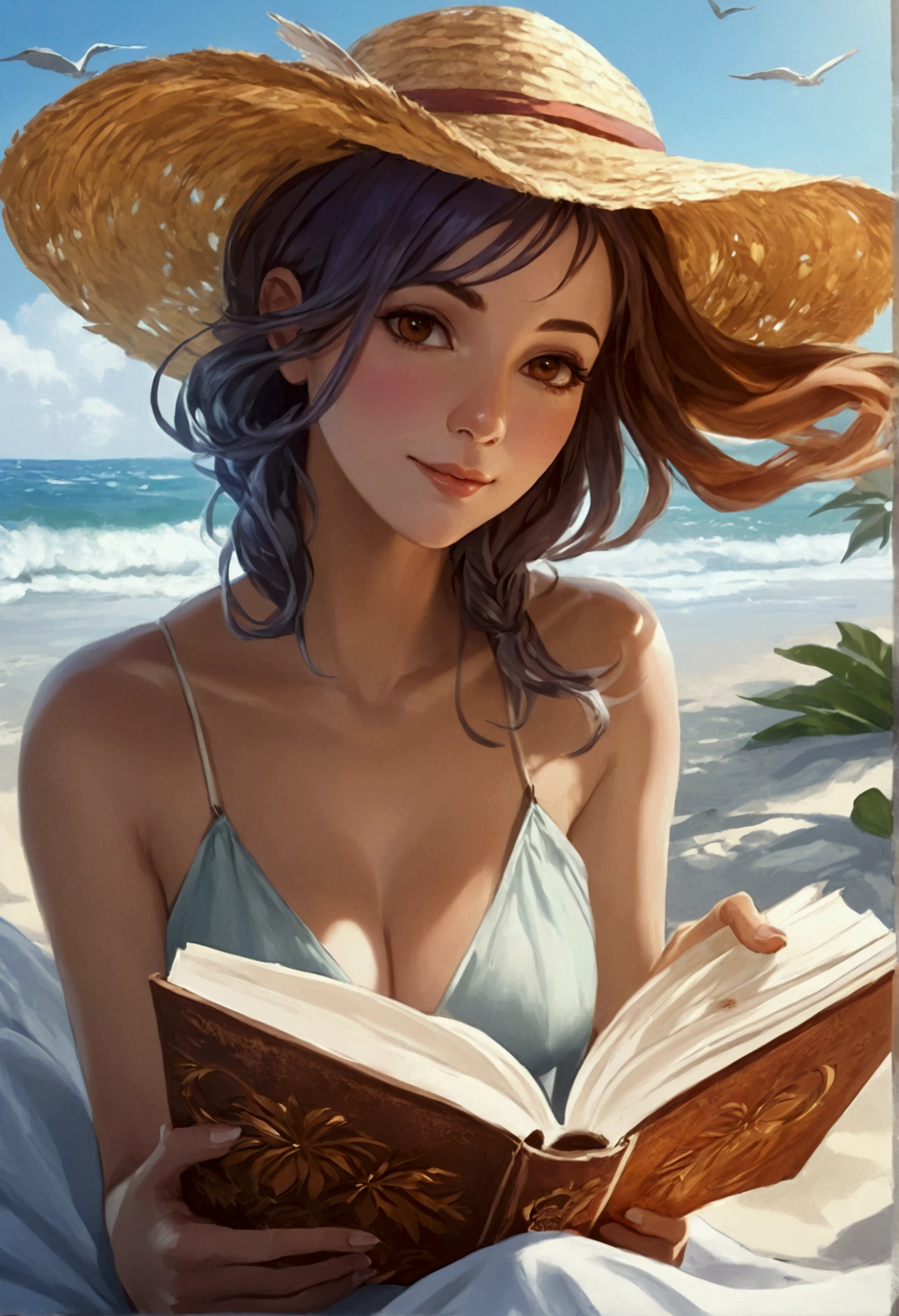 a picture of a mature woman reading a book on the beach during summer vacation, a beautiful mature woman, dynamic hair color, dynamic hair style, dynamic skin complexion, reading a book at the beach, wearing light dress, beach at summer time, sunny day, fantasy beach background,  a sense of relaxion, a sense of bliss, calm atmosphere,  , high details, best quality, 16k, [ultra detailed], masterpiece, best quality, (extremely detailed), dynamic angle, ultra wide shot, photorealistic, ((fantasy art)) ultra best realistic, best details, best quality, 16k, [ultra detailed], masterpiece, best quality, (extremely detailed), photorealism, depth of field, hyper realistic