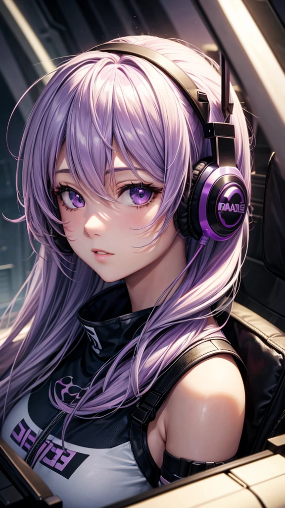 Solo, anime, masterpiece, best quality, high resolution, closeup portrait, a female, light purple hair, gamer, headphones, amazing composition, front view, HDR, ultra quality, cool, highly detailed, gamer girl.