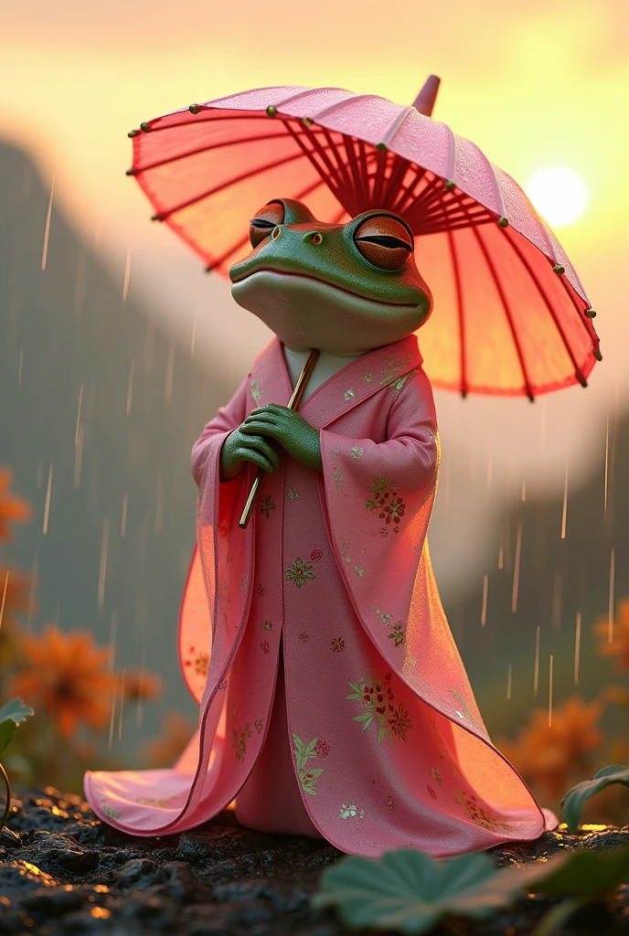 Tree frog，She is wearing a gorgeous pink Chinese dress with a floral pattern.，Sleeping on a tree，Ultra-realistic，high resolution，Standing with a lotus leaf umbrella，It is raining in the background，The background is the hilltop at sunset，
