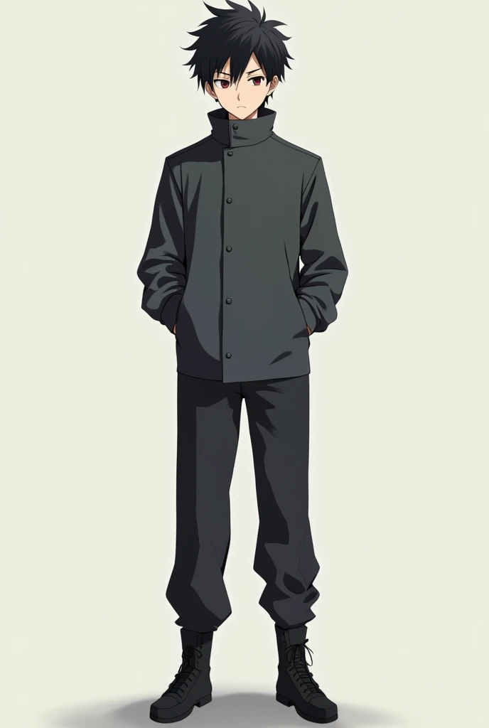 Draw an anime boy with black book-style hair, with a dark grey jumpsuit up to the neck and black trousers
