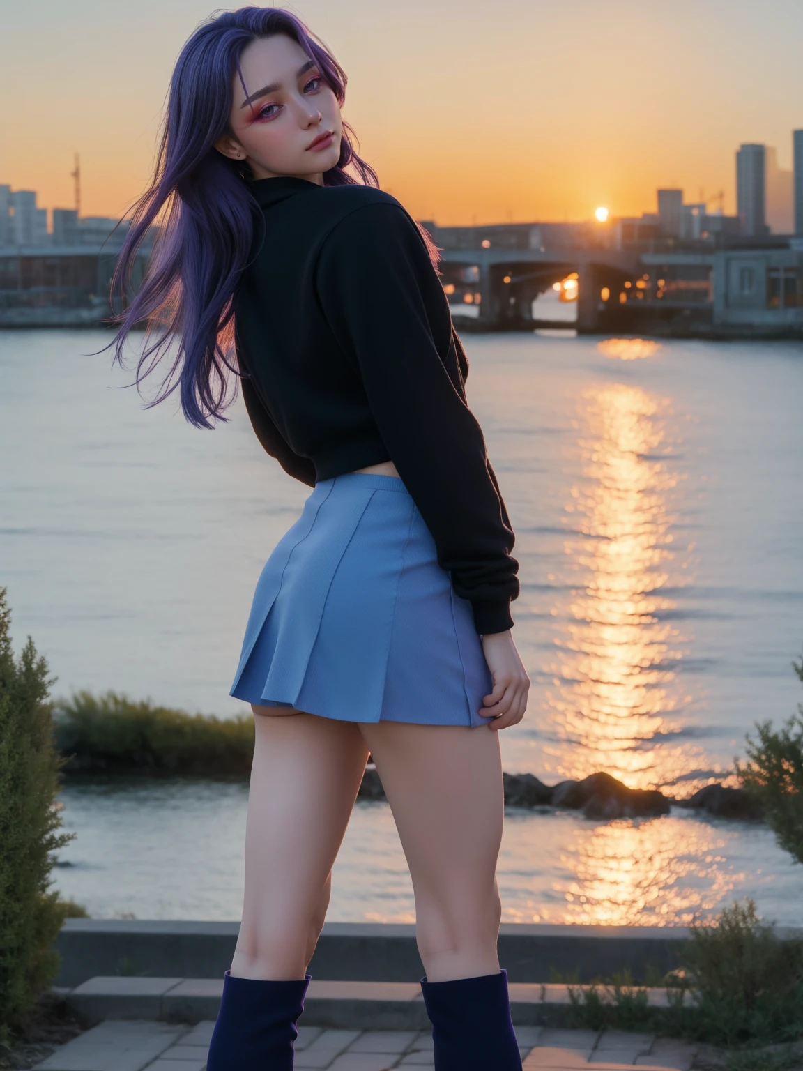 ((masterpiece)), ((best quality)), ((highres)), ((detailed background)), ((extremely detailed CG unity 8k wallpaper)), 1girl, big girl, big proportions, meaty limbs, 23 years old, solo, gym girl body, good booty, good legs, medium size breast, natural lighting, sunset, ichinose kotomi, clannad uniform, blue skirt, black socks, two side up, hair ornaments, photography, person, tarankaaa, NOT Dasha Taran, blueish purple hair, library background, 8k photography