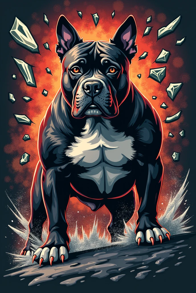 Photo that can be used for a print on a T-shirt of an American bully dog with a maximum of 4 colors with a rock design, that the dog looks realistic and with details of glass explosion