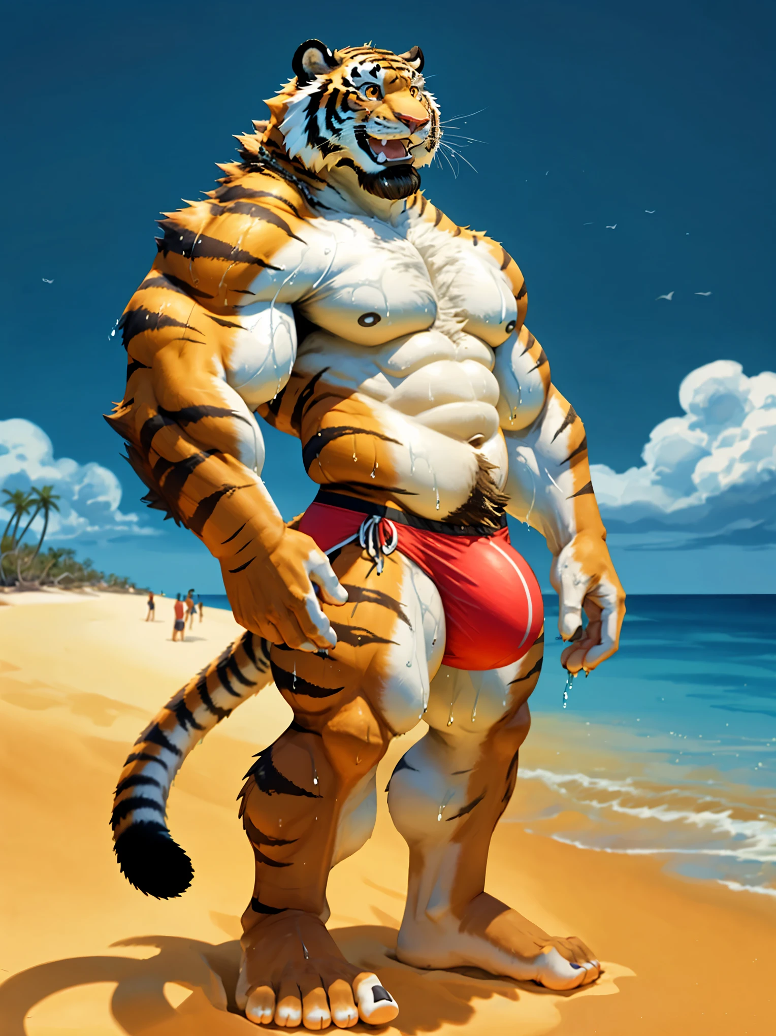 Male tiger、Golden tiger、Completely naked、Huge penis silhouette、Huge scrotum silhouette、Very large amount of pubic hair、very large amount of axillary hair,、Red Bikini、Great smile、Side view、Great smile、Beach Background、Tropical Island、Beach、Hands touching the crotch、Hugely bulging crotch underwear、Nioh Standing Pose、One hand raised pose、Very wet body、Slightly obese abdomen、lower abdominal fat、Golden big eyes、Sharp toenails,、Composition looking up from below、White, shiny teeth、Wide open mouth、Desert Island Background