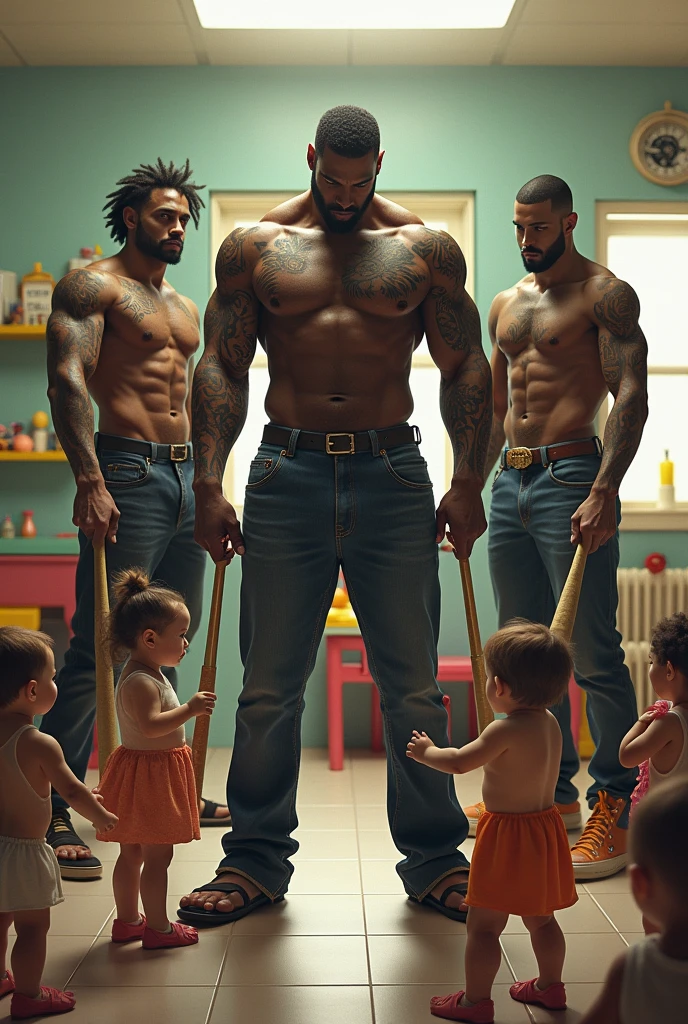 three tall black men, strong and tattooed men holding baseball bats in their hands. They are in a daycare full of 1 year old babies