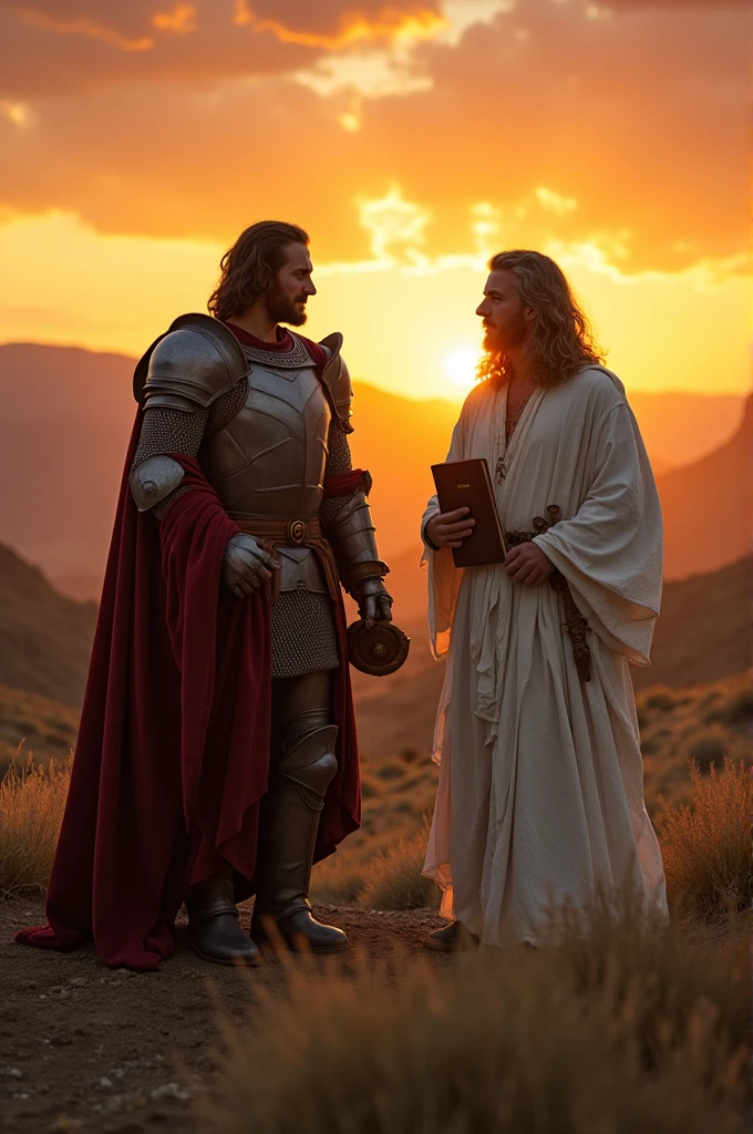 A man in armor with a bible in his hand, next to a long-haired man in a white tunic in the middle of a valley in front of a sunset
