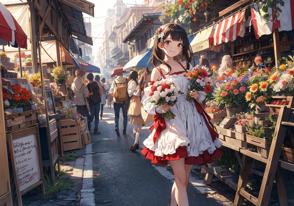 Realistic photos, Focus distance 10mm, Red and white, Beautiful girl, Realistic photos, Shooting at focus distance 10mm, masterpiece, 最high quality, high quality, Very detailed CG 8k wallpaper unit, Award-winning photography, Depth of written boundary, High resolution, bloom, chromatic aberration, Realistic, Very detailed, Art Station Trends, CGsociety Trends, Complex, High detail, dramatic, Art on the go, volumetric lighting, A young girl holds a bouquet of flowers amidst rows of colorful fruit and fresh flowers in a bustling Disney-style French market, smiling as she enjoys the scent of the flowers, with Disney-style painted old stone buildings in the background, Europe
