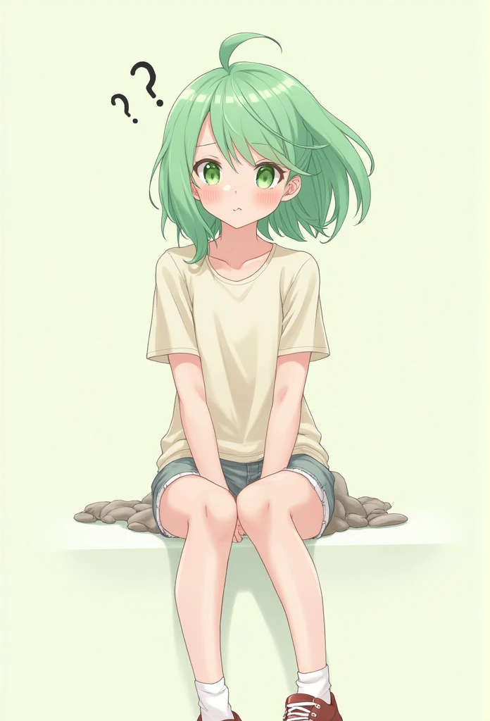 One girl, T-shirt, short sleeves, shorts, sneakers, green hair, one side up, green eyes, cute, :3, sits in the center of the screen, smiling, no background