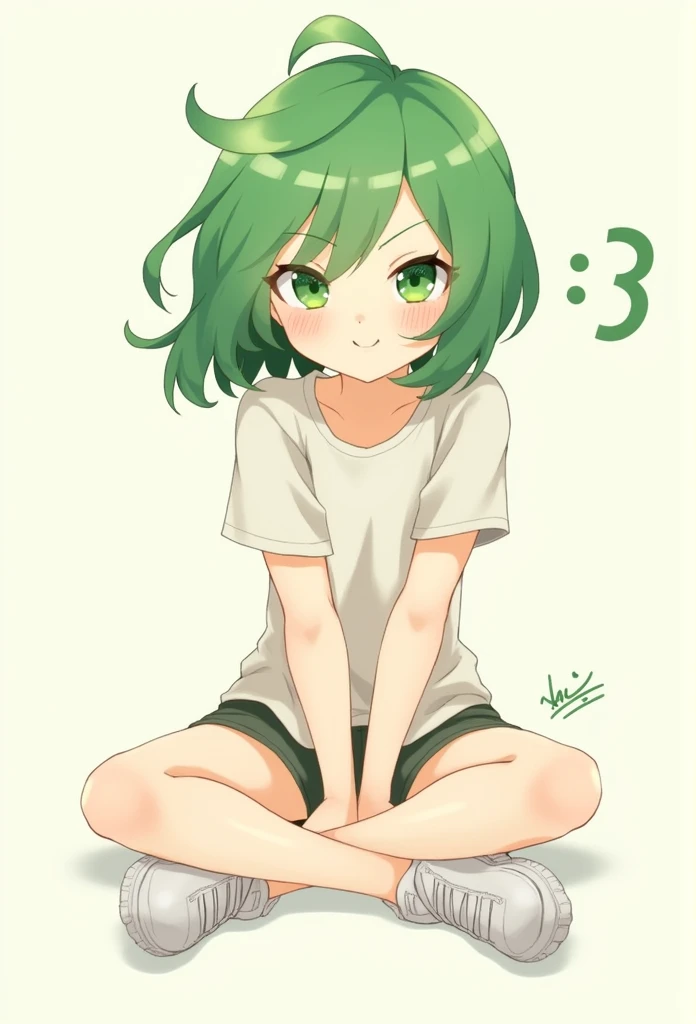 One girl, T-shirt, short sleeves, shorts, sneakers, green hair, one side up, green eyes, cute, :3, sits in the center of the screen, smiling, no background