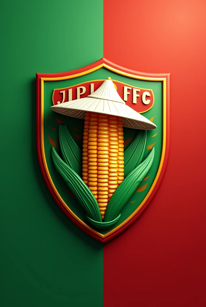 I want a soccer shield with the name ( JIPIJAPA FC ) with green and red colors, that has a corncob in the middle with a white straw hat
